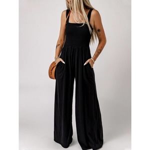 🌟 boho Cami strap smocked bust Wide Leg Jumpsuit with pockets